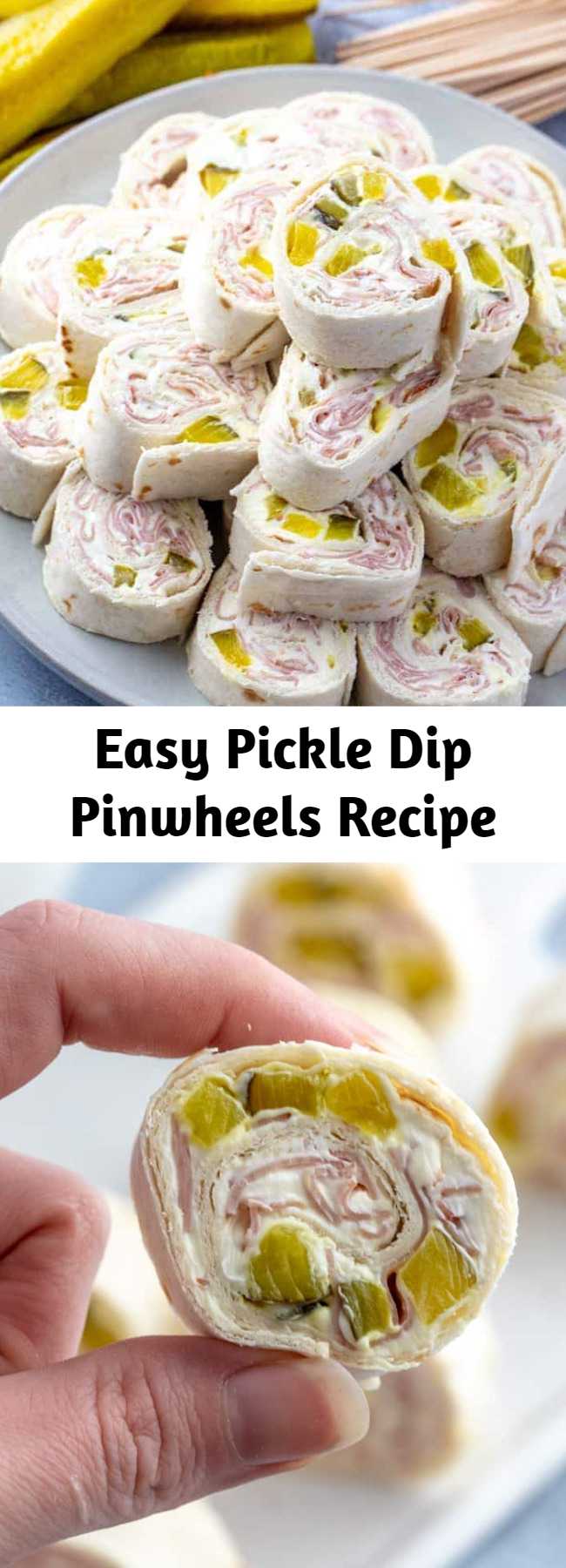 Easy Pickle Dip Pinwheels Recipe - Creamy, crunchy and full of flavor these Pickle Dip Pinwheels are full of cream cheese, sliced ham and diced pickles. The perfect party appetizer. #appetizer #pickles #pinwheels #partyfood #easyrecipe