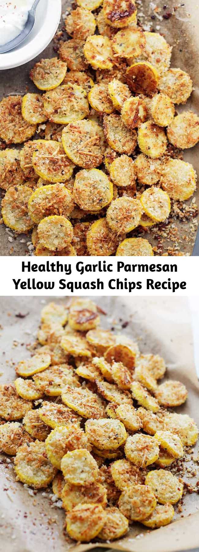 Healthy Garlic Parmesan Yellow Squash Chips Recipe - A healthy snack or appetizer that is incredibly flavorful, crispy, and absolutely delicious! These are BEYOND amazing!
