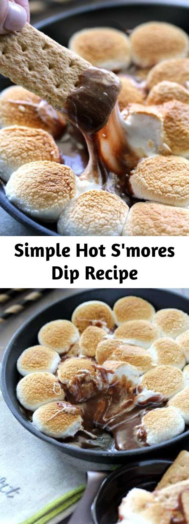 Simple Hot S'mores Dip Recipe - This is one of the simplest recipes to make, it takes just a few minutes but it’s so ooey gooey yummy! The best part is the way the chocolate melts with the marshmallows making it extra rich and yummy! Perfect to put out last minute because you can use ingredients you probably already have on hand!