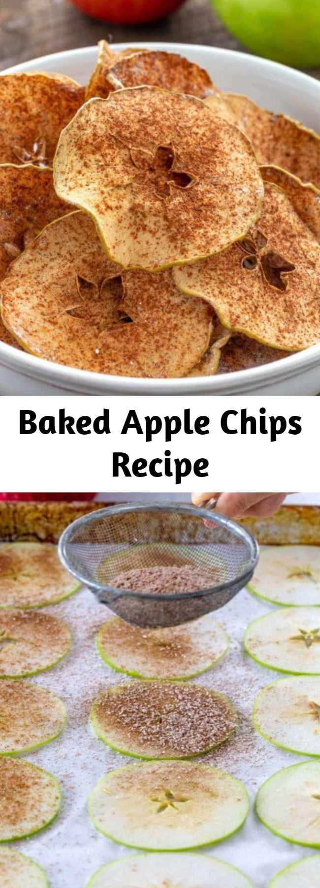 Baked Apple Chips Recipe - Chose your favorite apple variety to make these simple and healthy baked cinnamon apple chips! Cinnamon enhances the flavor while cutting the apples into thin slices, and baking at a low oven temperature for a few hours ensures super crispy chips. These crisp apple chips are delicious and addicting, without the guilt!