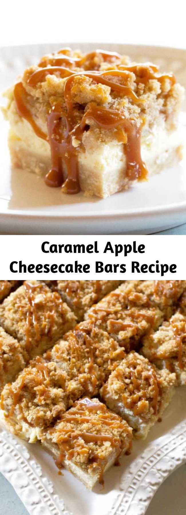 Caramel Apple Cheesecake Bars Recipe - These creamy Caramel Apple Cheesecake Bars start with a shortbread crust, a thick cheesecake layer, and are topped with diced cinnamon apples and a sweet streusel topping. These are a tried and true cheesecake bar dessert recipe.