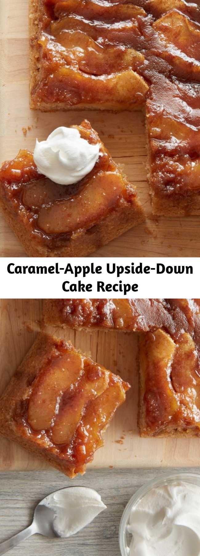 Caramel-Apple Upside-Down Cake Recipe - The best part about the classic pineapple upside-down cake is its gooey fruit topping, and this fresh take on the beloved dessert is no exception. We replaced canned pineapple with fresh apple slices whose tart flavor is the perfect balance to a sticky-sweet caramel sauce. We don't like to play favorites, but this topping plus a tender vanilla scratch cake equals an easy modern-day treat that may just outdo the original.