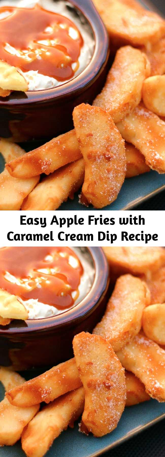 Easy Apple Fries with Caramel Cream Dip Recipe - These Apple Fries with Caramel Cream Dip are the perfect warm dessert for a crisp fall evening. It made our house smell like apple pie. Crisp apple wedges are lightly battered and fried in a pan, then sprinkled with a cinnamon-sugar mix. What really sets these fried apples apart is the dipping sauce. You’ll love this creamy, caramel-infused dip.