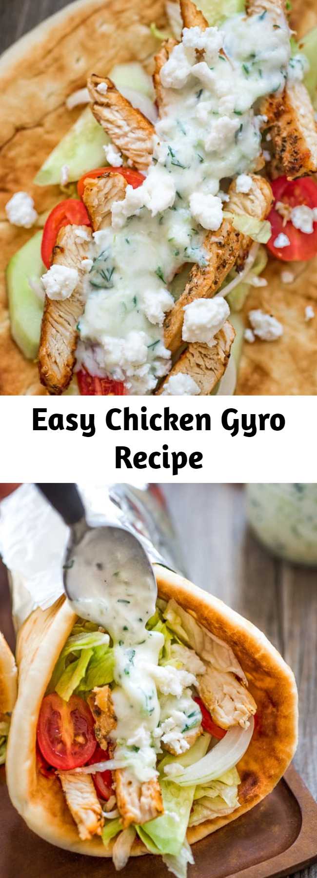 Easy Chicken Gyro Recipe - an easy to make sandwich, great for both lunch and dinner. Served with fresh vegetables and tzatziki sauce. If you haven’t tried a homemade Chicken Gyro yet, you are missing out! Fresh vegetables, tender chicken, tzatziki sauce, and feta cheese make an unforgettable combination! You’ll love it from the first bite. #chicken #lunch #sandwich #greek #healthyrecipe #dinner