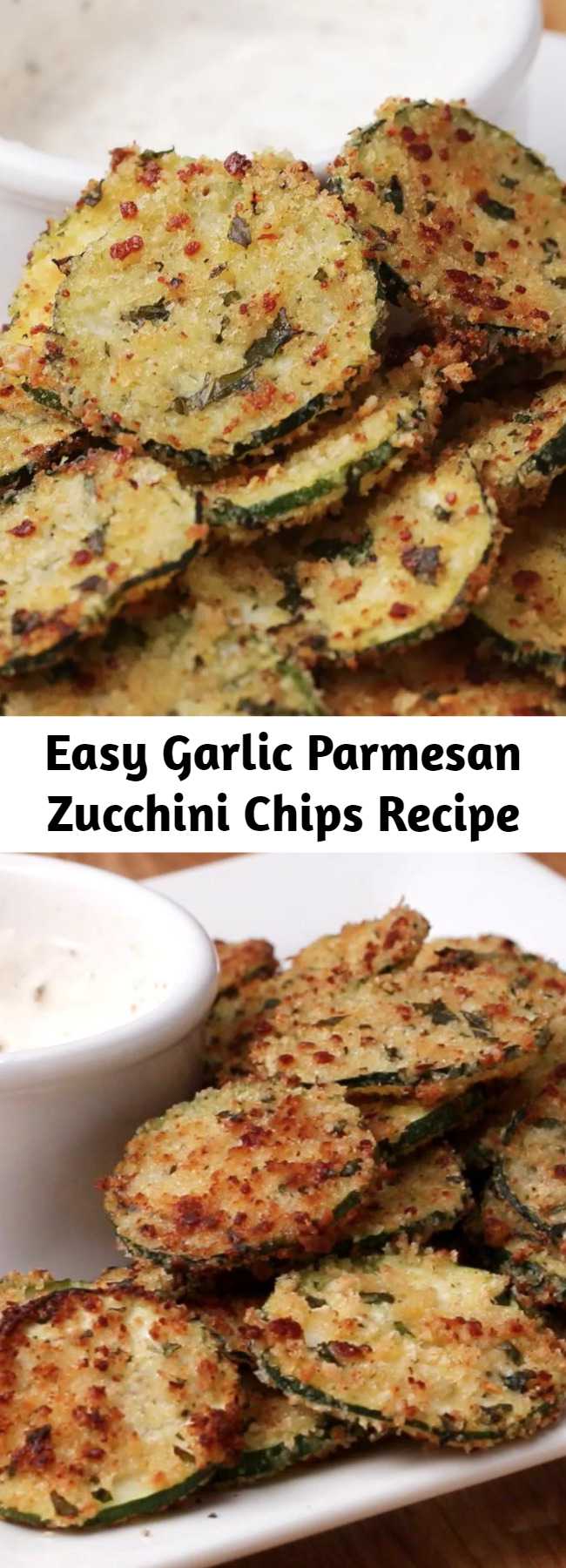 Easy Garlic Parmesan Zucchini Chips Recipe - Combine garlic, parmesan, and zucchini and you've got yourself a totally delicious snack.