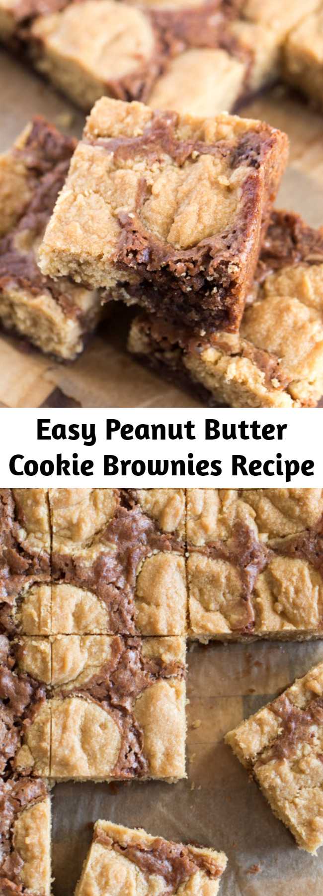 Easy Peanut Butter Cookie Brownies Recipe - An easy homemade brownie batter studded with globs of peanut butter cookie dough for a chocolate peanut butter lovers dream come true. These little squares did NOT last long my friends.