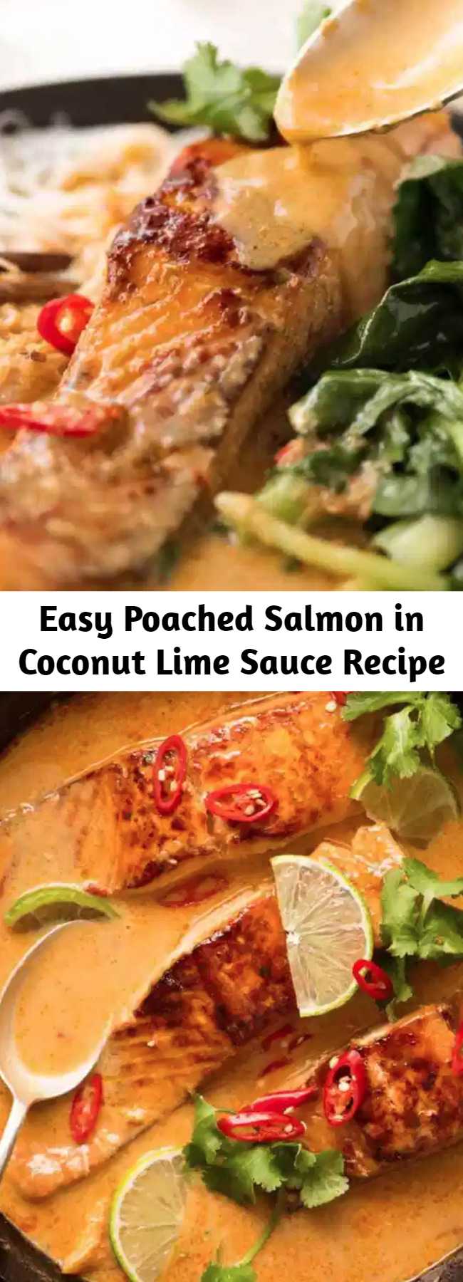 Easy Poached Salmon in Coconut Lime Sauce Recipe - Poached Salmon in a coconut lime sauce that tastes like a Thai coconut curry - except it's super quick and easy to make! Even though the salmon is poached, it's well worth searing lightly to brown for the extra flavour on both the salmon and in the sauce.