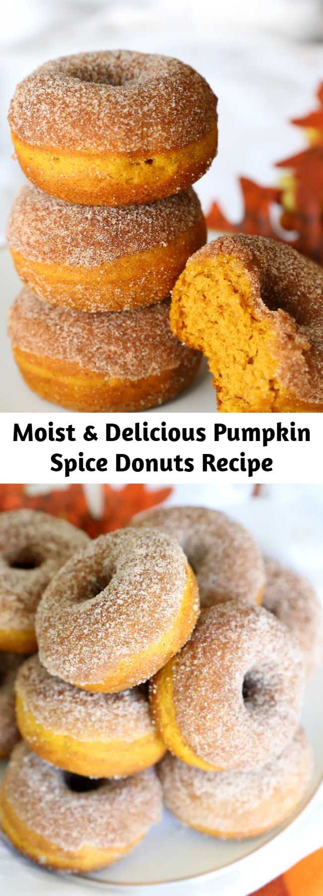 Moist & Delicious Pumpkin Spice Donuts Recipe -  Pumpkin Spice Donuts are your new favorite fall treat! They're baked, not fried, and they are perfectly soft + delicious and full of pumpkin spice flavor with a crunchy cinnamon sugar topping.