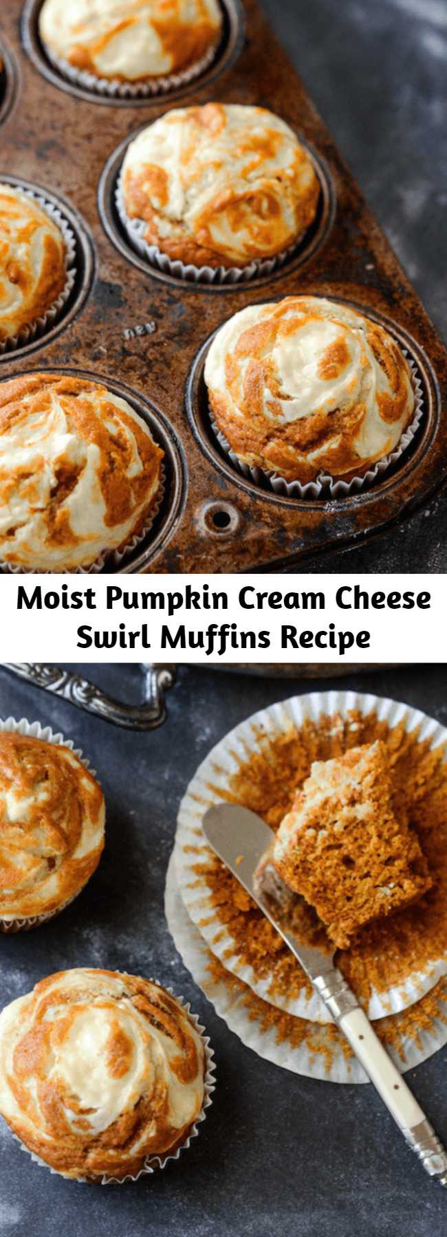 Moist Pumpkin Cream Cheese Swirl Muffins Recipe - Moist spiced pumpkin muffins are topped with sweet cream cheese that melts into them as they bake and only take 30 minutes!