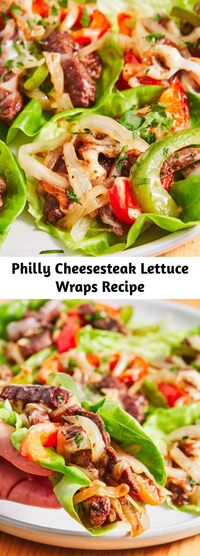 Philly Cheesesteak Lettuce Wraps Recipe - You won't miss the hoagie in these low-carb Philly Cheesesteak lettuce wraps. Make your favorite sandwich without the carbs. #food #healthyeating #gf #glutenfree #easyrecipe