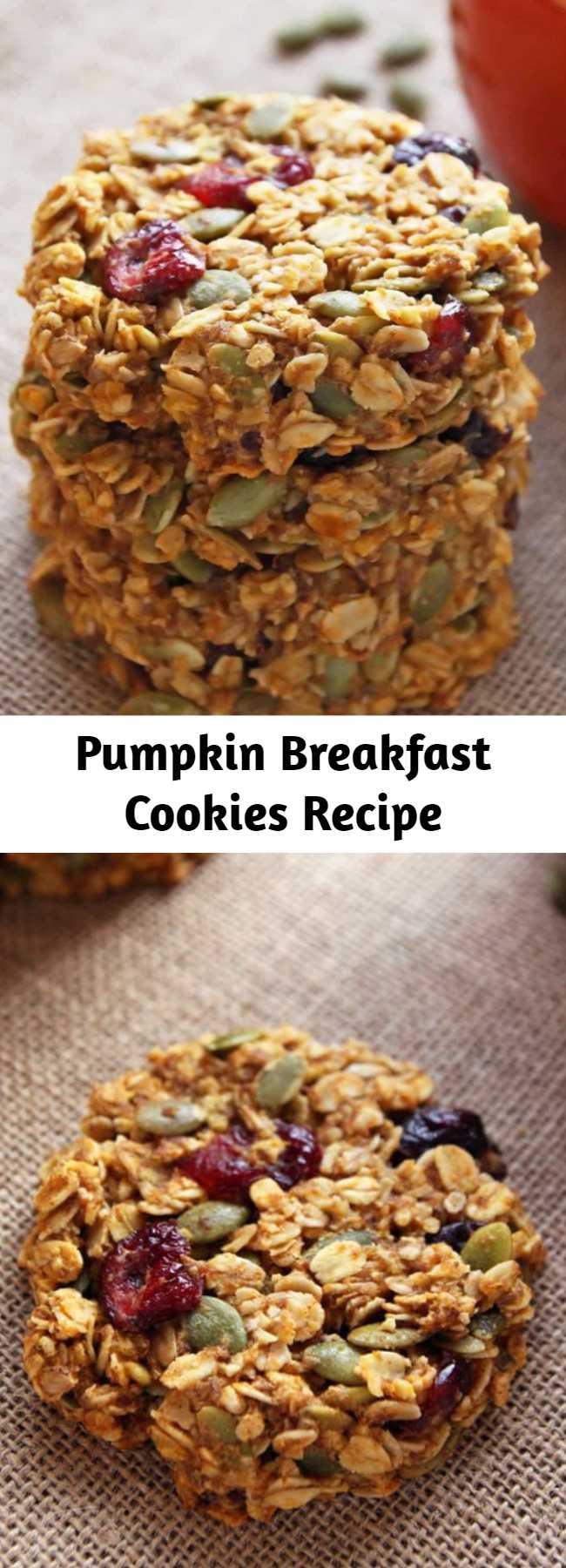 Pumpkin Breakfast Cookies Recipe - These healthy Pumpkin Breakfast Cookies make a nutritious and grab-and-go breakfast that tastes like fall! This gluten-free and clean eating breakfast treat is made with wholegrain oats, cranberries, pumpkin seeds and honey.