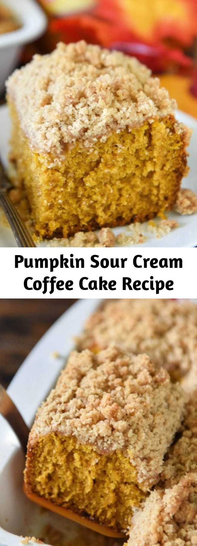 Pumpkin Sour Cream Coffee Cake Recipe - An extra moist pumpkin spice cake (made from scratch) is topped with an amazing cinnamon crumb topping! Serve it with coffee for breakfast or for dessert! #Pumpkin #CoffeeCake #Dessert #Cake