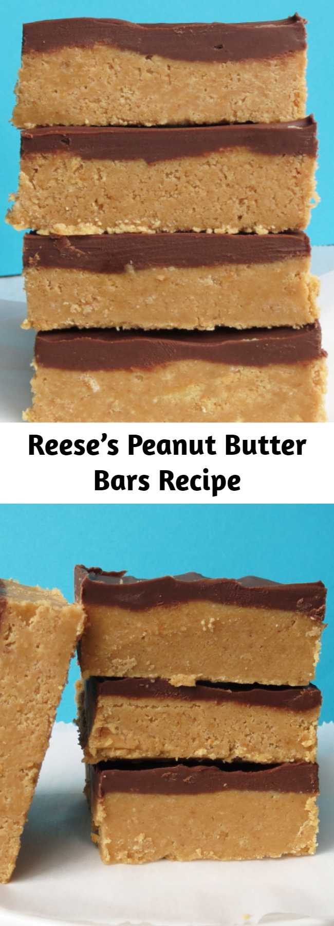 Reese’s Peanut Butter Bars Recipe - They taste EXACTLY like a Reese’s, but something about them being homemade just makes them better. No bake, no mess, no fuss.  I had these cooling in the fridge less than 10 minutes after I started making them. I only dirtied one bowl.