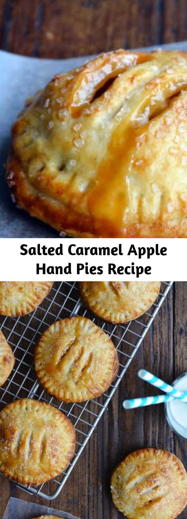 Salted Caramel Apple Hand Pies Recipe - A pinch of sea salt lends a savory balance to these handheld treats that ooze fresh fruit flavor and silky smooth caramel. It’s the dynamic dessert duo, and it’s all wrapped up in finger-friendly package. No forks, no plates, no sharing required!