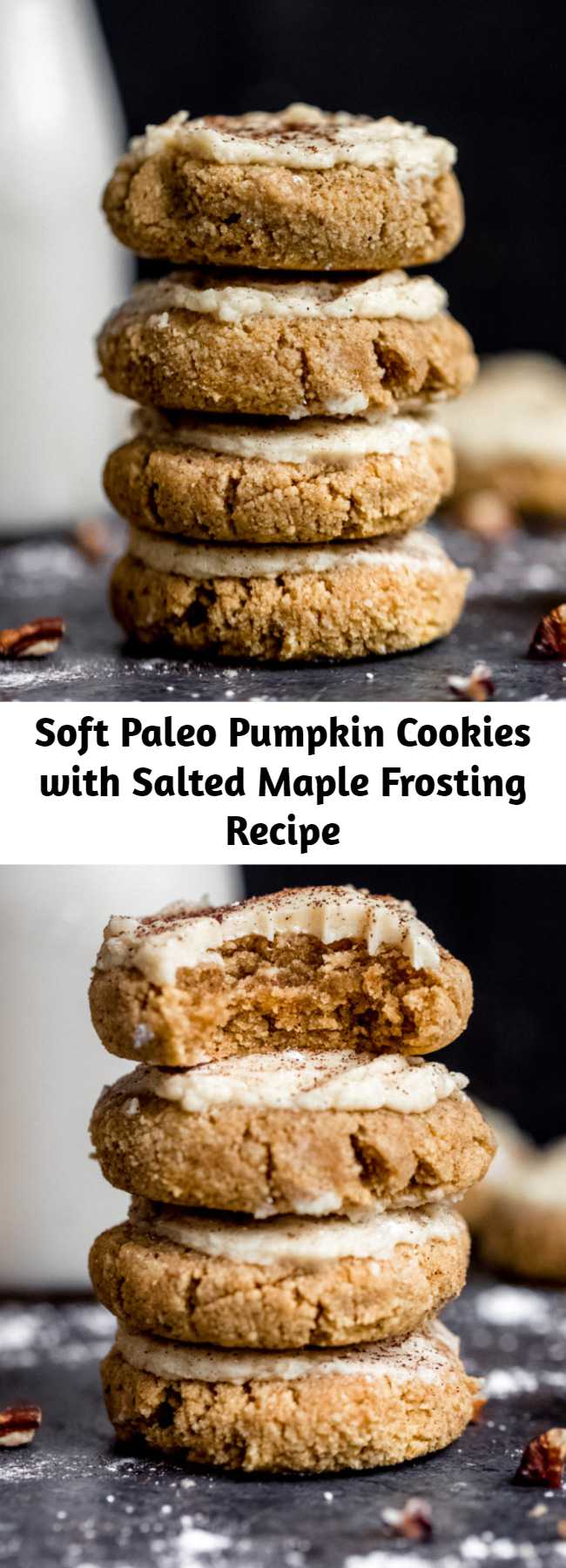 Soft Paleo Pumpkin Cookies with Salted Maple Frosting Recipe - These healthy soft pumpkin cookies with an addicting salted maple frosting are absolutely delicious! These melt-in-your-mouth cookies are both gluten free and grain free and taste like a slice of your favorite pumpkin pie! #cookies #pumpkin #pumpkinrecipe #healthydessert #glutenfree #baking #grainfree