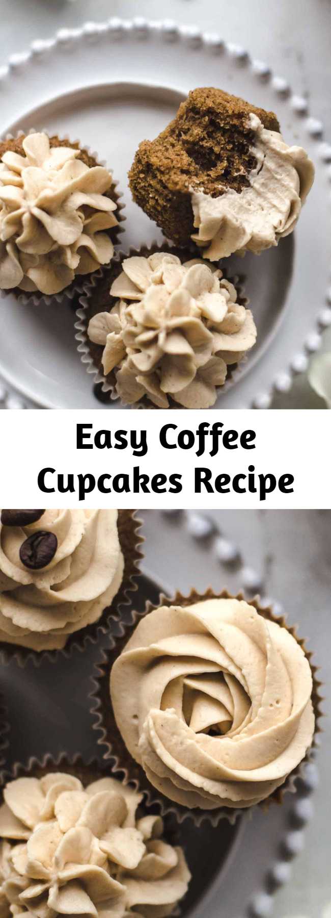 Easy Coffee Cupcakes Recipe - Super soft and moist Coffee Cupcakes topped with ultra creamy Coffee Mascarpone Frosting. Easy to make and a dream for coffee lovers. #coffee #cupcakes #frosting #baking #sweet #dessert