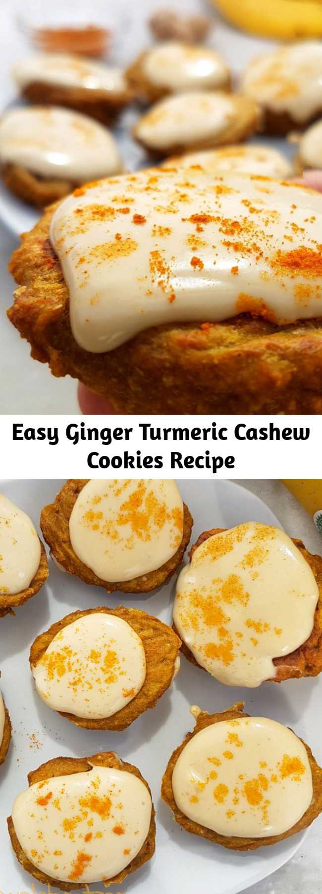 Easy Ginger Turmeric Cashew Cookies Recipe - Quick and easy healthy cookies recipe. These golden cookies are ginger and turmeric flavour with a creamy cashew frosting. Vegan and gluten free when made with gluten-free oats. #vegan #veganrecipe #healthy #cookies #healthycookies