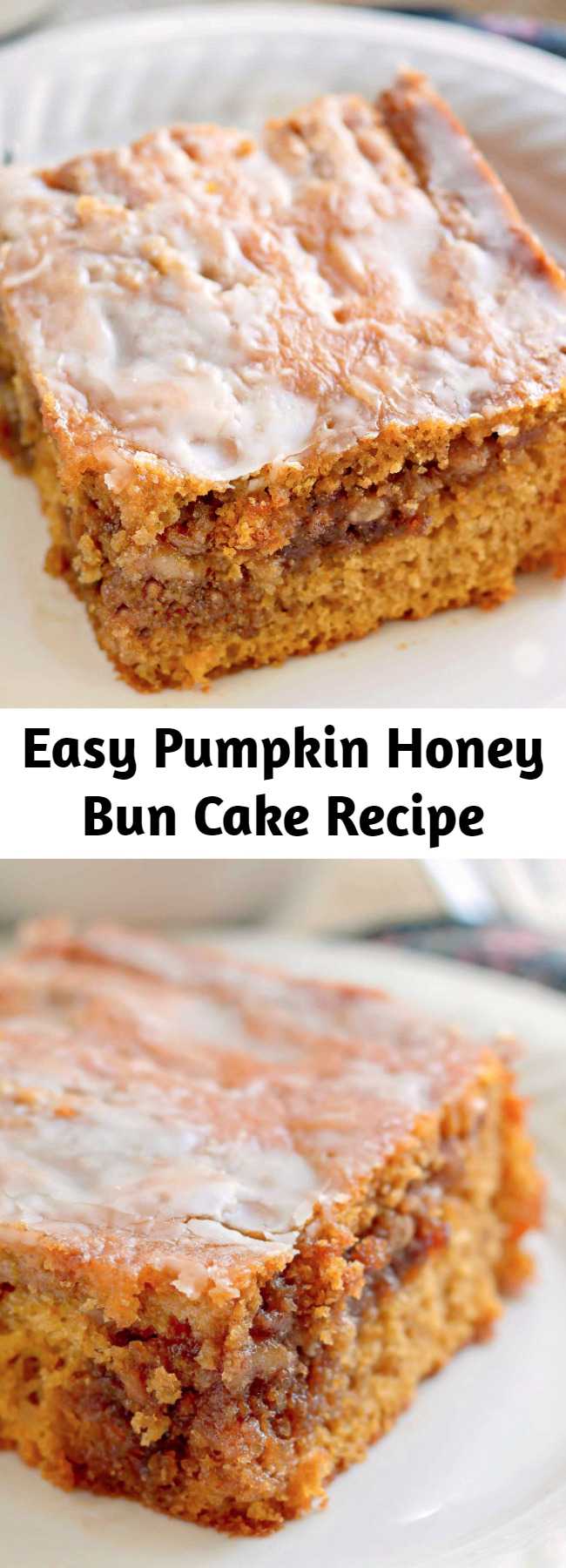 Easy Pumpkin Honey Bun Cake Recipe - A gooey brown sugar and walnut filling in the center of a moist pumpkin cake topped with a simple glaze.