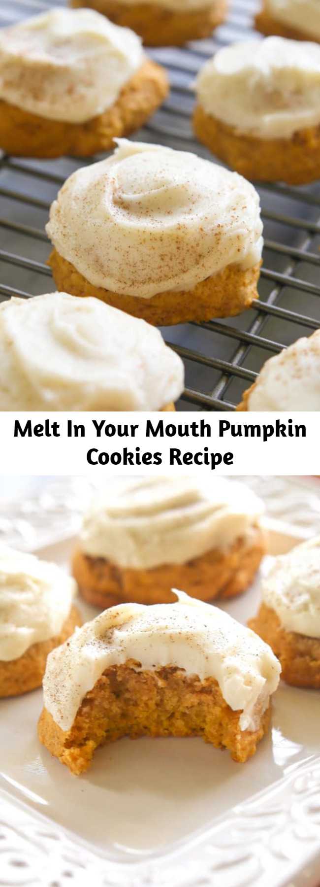 Melt In Your Mouth Pumpkin Cookies Recipe - Melt In Your Mouth Pumpkin Cookies are incredibly soft and well,…melt-in-your-mouth! These cookies have a mild pumpkin flavor and are topped with a decadent cream cheese frosting. The perfect fall dessert. #pumpkin #cookies #comfortfood