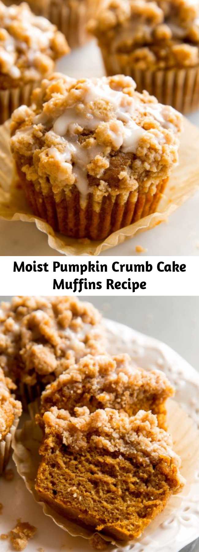 Moist Pumpkin Crumb Cake Muffins Recipe - These super soft pumpkin crumb cake muffins are topped with pumpkin spice crumbs and finished with sweet maple icing. They’re a reader favorite and after baking one batch, you’ll understand why!