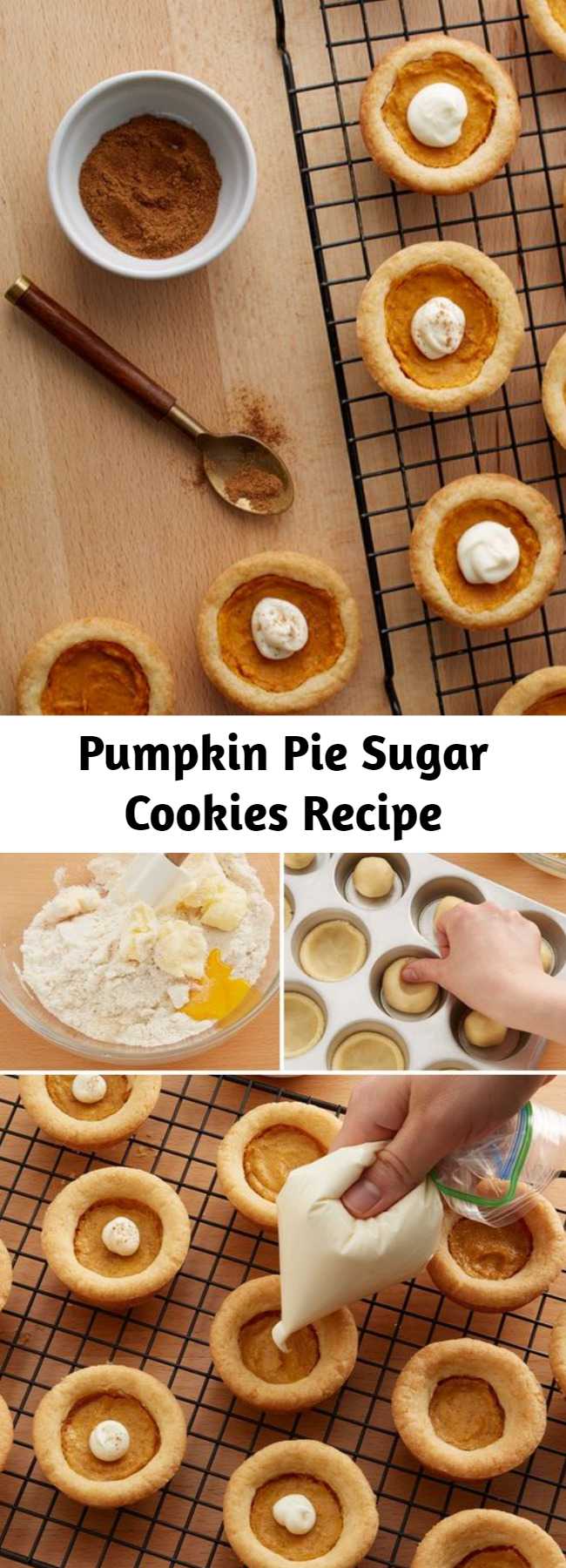 Pumpkin Pie Sugar Cookies Recipe - These too-cute pumpkin pie-inspired sugar cookies are the perfect treat for fall or your Thanksgiving spread. With their sugar cookie crusts and pumpkin pie filling, these petite sweets are perfect for pleasing kiddos, diversifying the dessert spread and cutting down on the labor-intensive pie-making process.