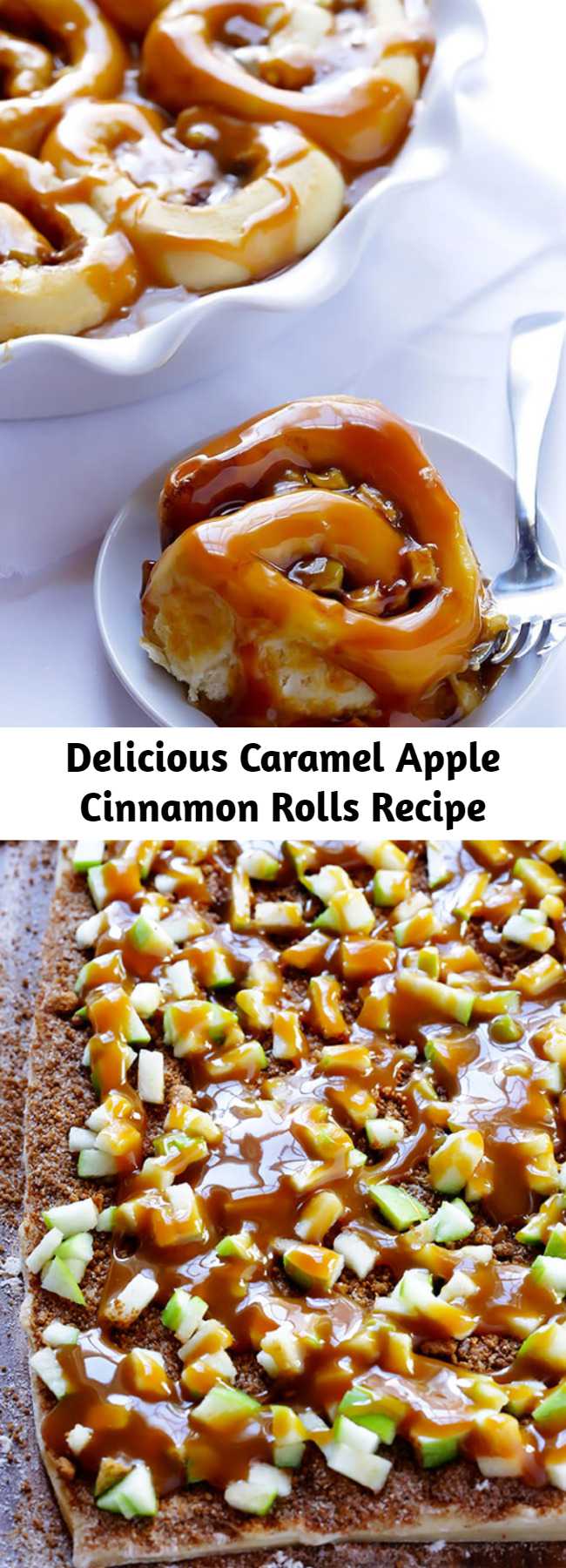 Delicious Caramel Apple Cinnamon Rolls Recipe - These caramel apple cinnamon rolls are filled with delicious sweet caramel and tart apples — the perfect combination! Made in 1 hour, and will send you into caramel apple heaven.