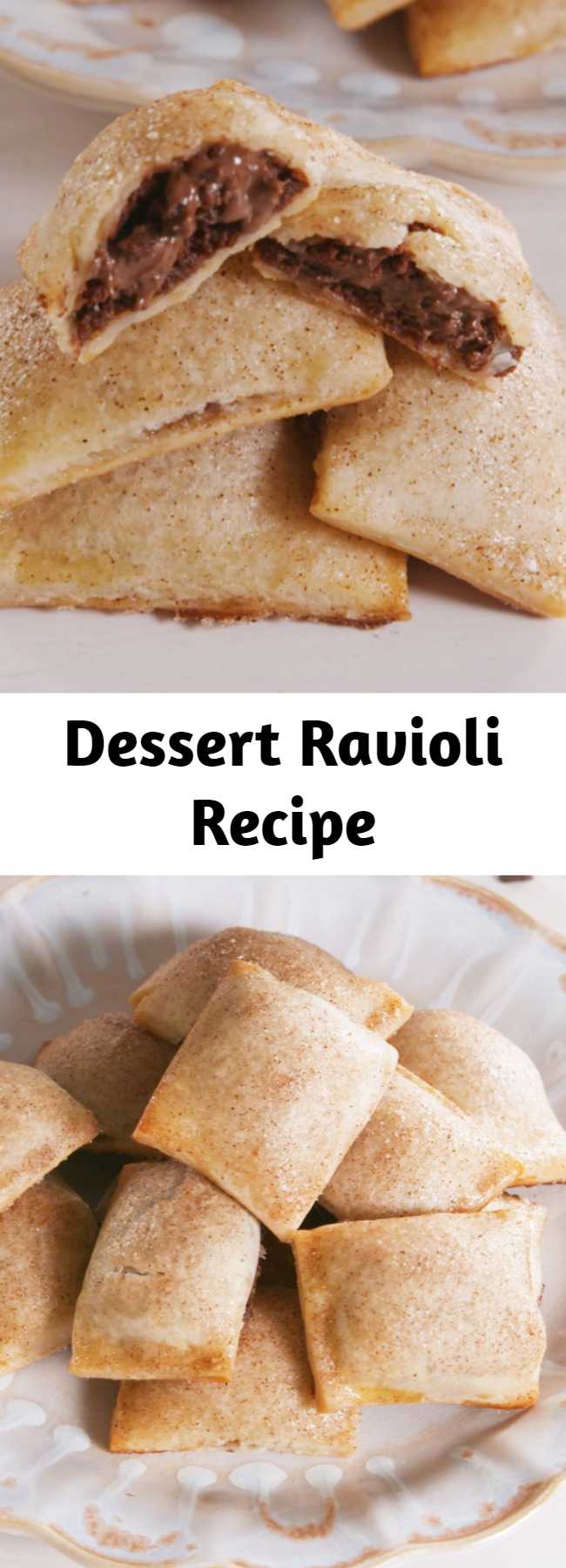 Dessert Ravioli Recipe - How genius is this method?! You can fill these "ravioli" with all sorts of things, from fruit fillings to peanut butter and chocolate. We chose Nutella because we're obsessed with it. This Dessert Ravioli is the BEST thing to do with Nutella. #icecubetrayhacks #piedough #creamcheese #nutella #nutelladesserts #minidesserts