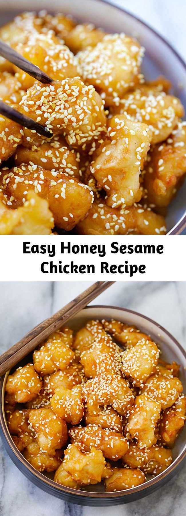 Easy Honey Sesame Chicken Recipe - Best ever honey sesame chicken. Easy honey sesame chicken recipe with fried chicken pieces in a sticky sweet and savory honey sesame sauce. #honey #chicken #dinner