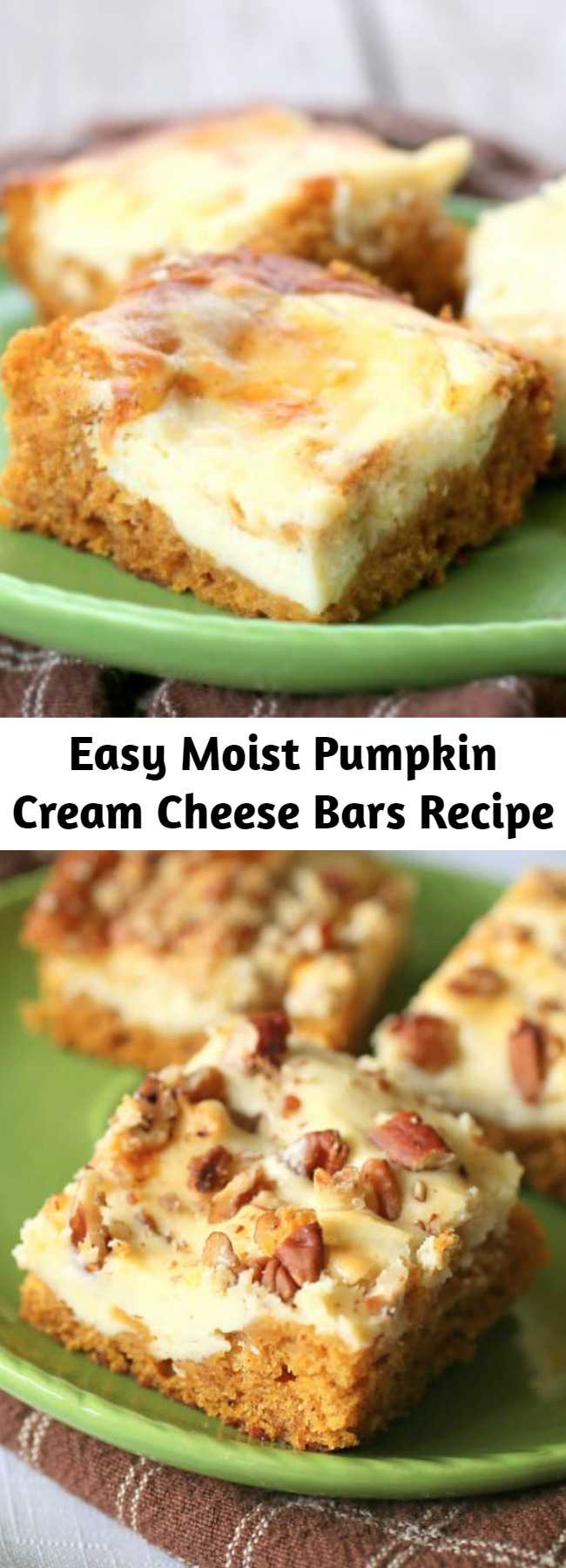 Easy Moist Pumpkin Cream Cheese Bars Recipe - These Pumpkin Cream Cheese Bars are moist pumpkin bars with swirls of cream cheese frosting throughout. This dessert will be on your fall treat recipe list every year.