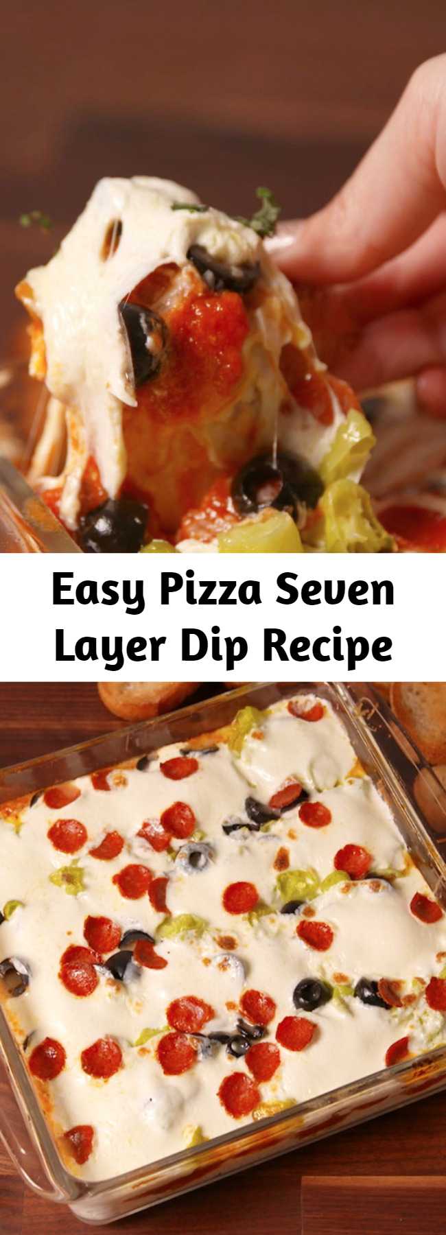 Easy Pizza Seven Layer Dip Recipe - This pizza seven-layer dip is the cheesiest party appetizer you'll ever have. #easyrecipes #dips #fingerfoods #pizzadip #partyapps #partyappetizers #superbowlrecipes