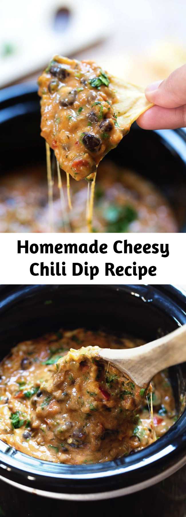 Homemade Cheesy Chili Dip Recipe - This Homemade Cheesy Chili Dip is made without the processed cheese! Just homemade spicy chili and creamy cheese sauce. Deeeelish!
