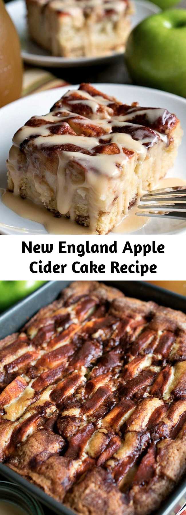 New England Apple Cider Cake Recipe - Very delicious... chock full of sliced Granny Smith apples in a simple, sweet cake that gets great flavor and moisture from cinnamon, heavy cream and apple cider! This cake also has a delicious, creamy apple cider glaze that gets drizzled over the top when served!
