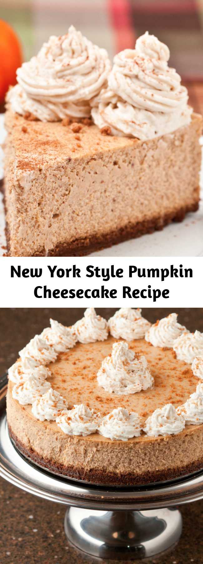 New York Style Pumpkin Cheesecake Recipe - Every bit as good or better than Cheesecake Factory’s seasonal pumpkin cheesecake. NY style Pumpkin Cheesecake that’s high, dense, and rich. The flavors of fall spices, pumpkin, and cream cheese meld together like no other. On top of a gingersnap crust. Seriously.