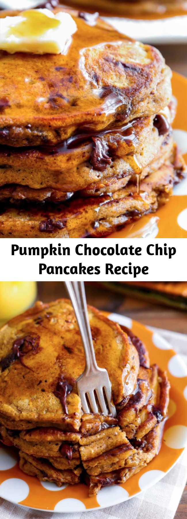 Pumpkin Chocolate Chip Pancakes Recipe - These pumpkin chocolate chip pancakes are the epitome of a cozy fall breakfast! Moist and fluffy, they’re wonderful with a pat of butter and a cascade of maple syrup. You’ll love starting fall mornings with a happy stack of these thick, and flavorful pumpkin pancakes.