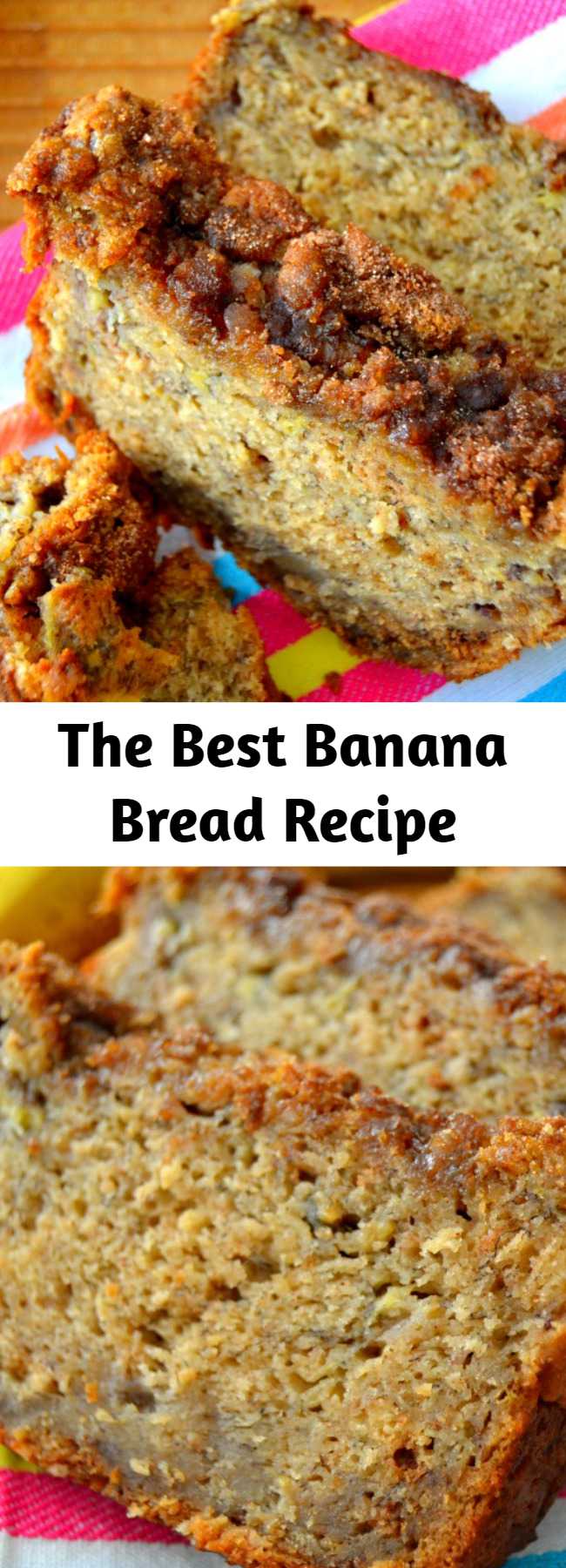 The Best Banana Bread Recipe - If you're tired of eating crumbly, dry, flavorless banana bread, you're in luck: this recipe is bursting with fresh bananas, is swirled with bits of cinnamon and is topped with the most irresistible brown sugar crust. Super soft and tender, moist without being wet.