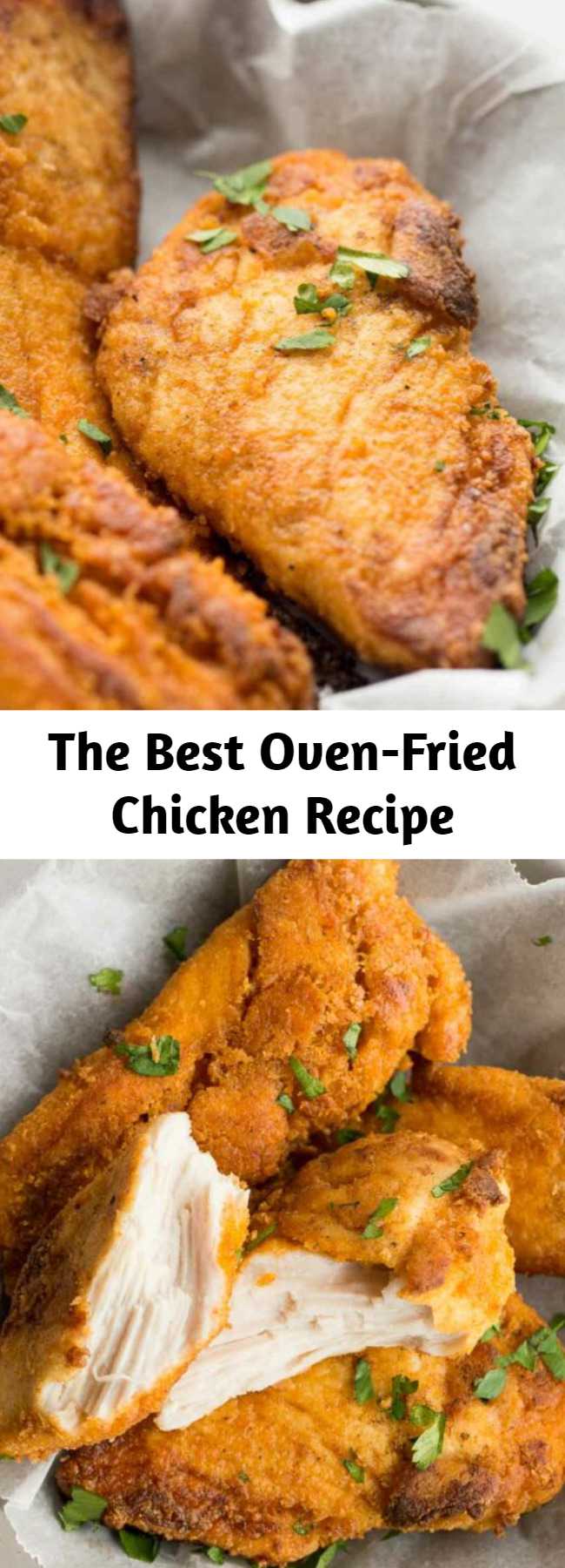 The Best Oven-Fried Chicken Recipe - This is the BEST Oven Fried Chicken recipe! It comes crispy right out of the oven, is much lower in fat and made with lean chicken breast. It takes just like KFC but it’s baked instead of fried! #chicken #healthy #healthydiet #healthyrecipe #chickenrecipe #recipe #cooking #dinner