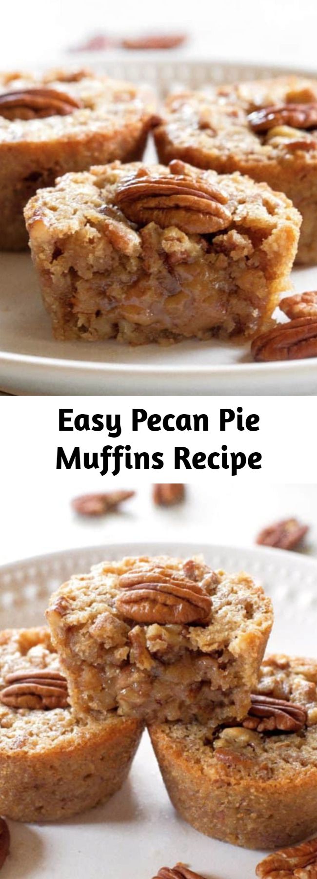 Easy Pecan Pie Muffins Recipe - These Pecan Pie Muffins are a mix between a pie and a muffin. They have a muffin texture with a soft gooey inside like a mini Southern pecan pie. This recipe is one of the highest used recipes during the fall especially for Thanksgiving!