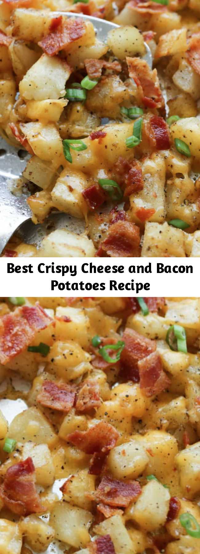 Best Crispy Cheese and Bacon Potatoes Recipe - Crispy roasted potatoes, topped with melting cheese and plenty of crisp bacon are a great side dish (or main dish!) for any meal. These really are the best ever Cheesy Potatoes! I’ve served them with eggs for breakfast and with herb roasted chicken for dinner.