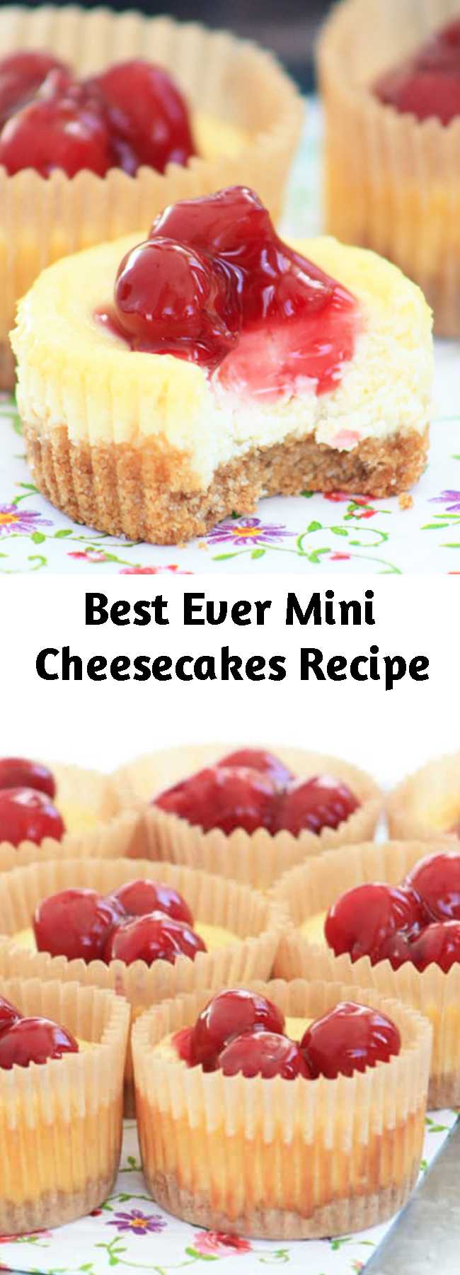 Best Ever Mini Cheesecakes Recipe - A mini cheesecake recipe using graham cracker crumbs, cream cheese, and cherry pie filling. My kids beg me to make these again and again!
