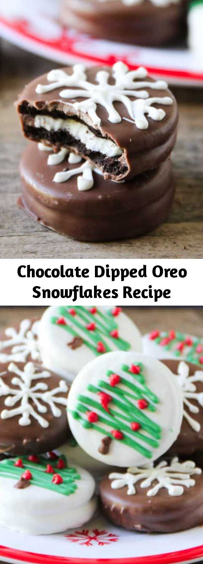 Chocolate Dipped Oreo Snowflakes Recipe - These chocolate dipped Oreo snowflakes are adorable and easy treats the whole family can help make! Only takes 2 ingredients to make.