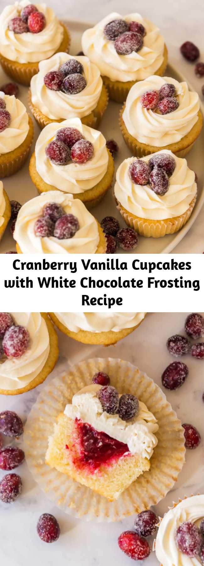 Cranberry Vanilla Cupcakes with White Chocolate Frosting Recipe - Vanilla cupcakes, filled with homemade cranberry filling and topped with a swirl of white chocolate frosting — the perfect festive holiday treat!