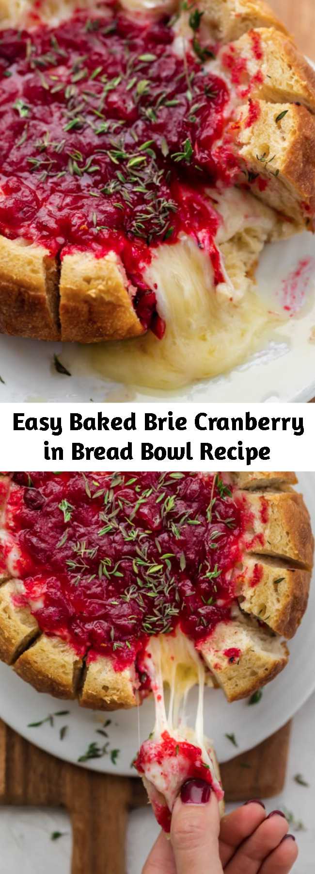 Easy Baked Brie Cranberry in Bread Bowl Recipe - For your Thanksgiving, Christmas and any holiday parties, try this elegant easy 3 ingredient baked brie cranberry, served in a pull-apart bread bowl for dipping! This crowd pleasing festive appetizer is perfect for entertaining and so easy to make! #Thanksgiving #Christmas