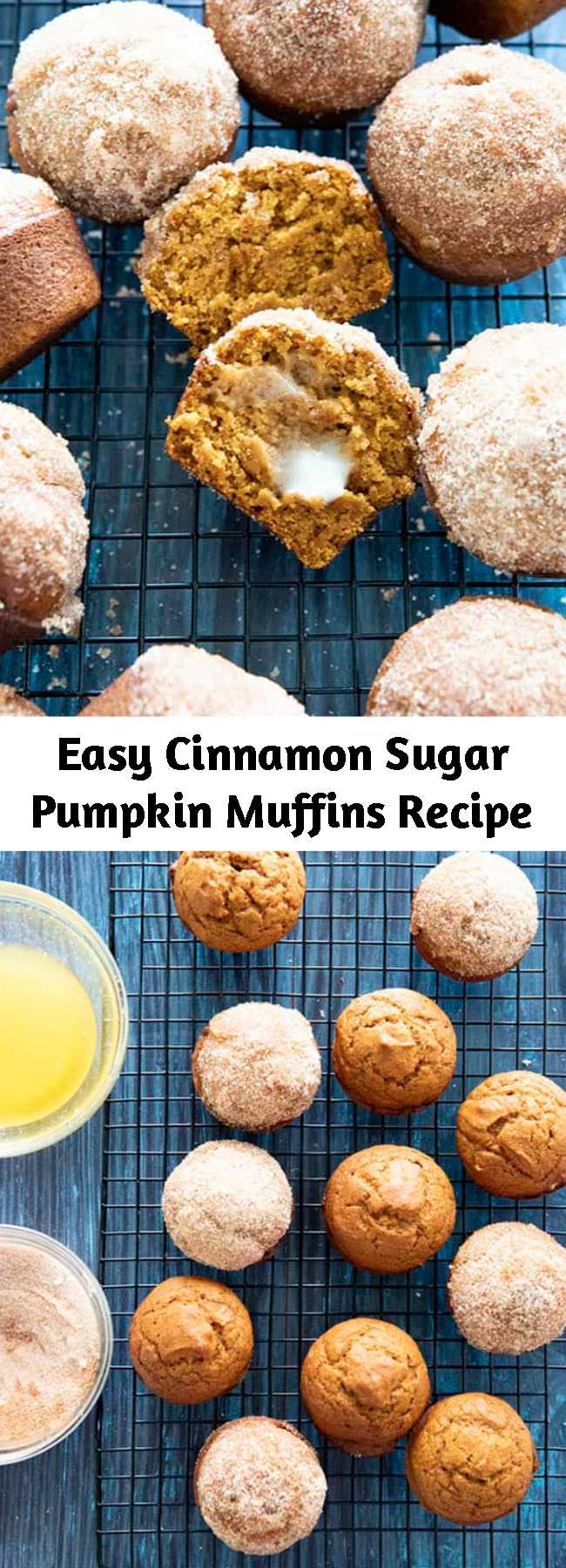 Easy Cinnamon Sugar Pumpkin Muffins Recipe - The Best Pumpkin Muffins that are so tender, easy,  and packed with pumpkin spice flavor!  You'll love dipping in melted butter and rolling in cinnamon sugar!