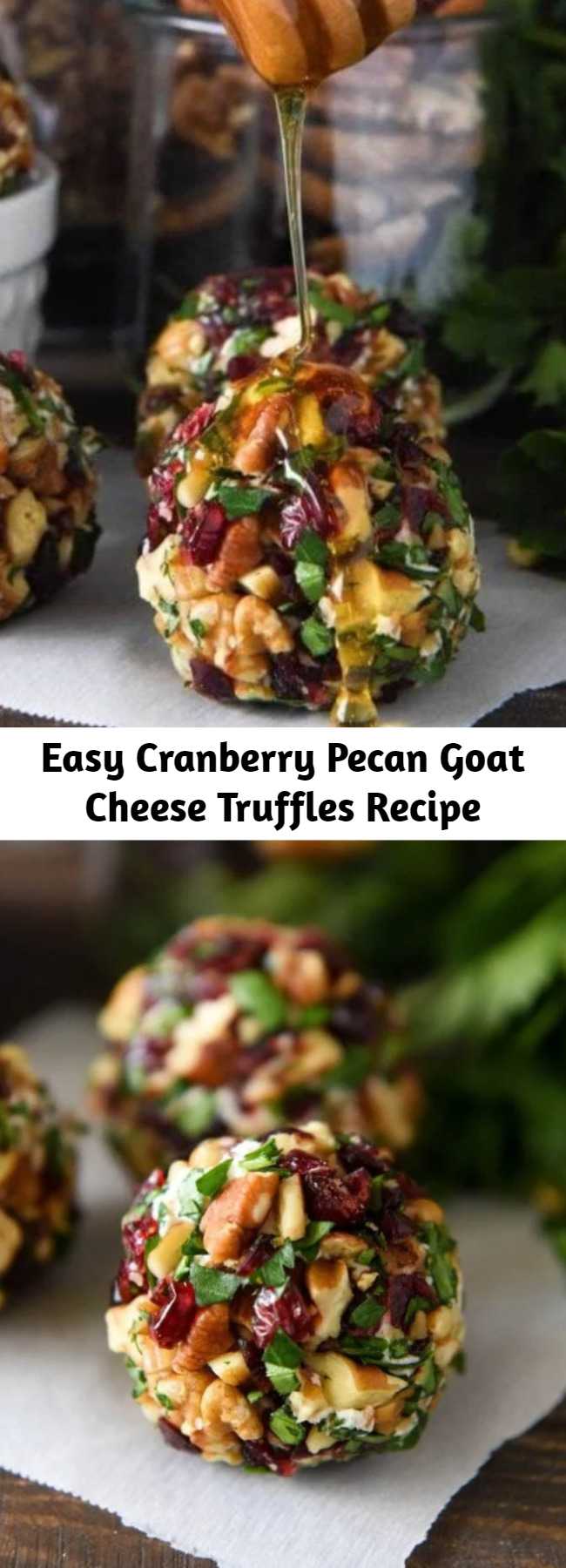 Easy Cranberry Pecan Goat Cheese Truffles Recipe - These festive mini cheese balls only take 15 minutes to make! Drizzle them with honey to really take them over the top! #CranberryPecanGoatCheeseTruffles #Truffles #GoatCheeseTruffles #CheeseBall #Appetizer #Christmas #NewYears #ChristmasAppetizers #GoatCheese #Cranberries