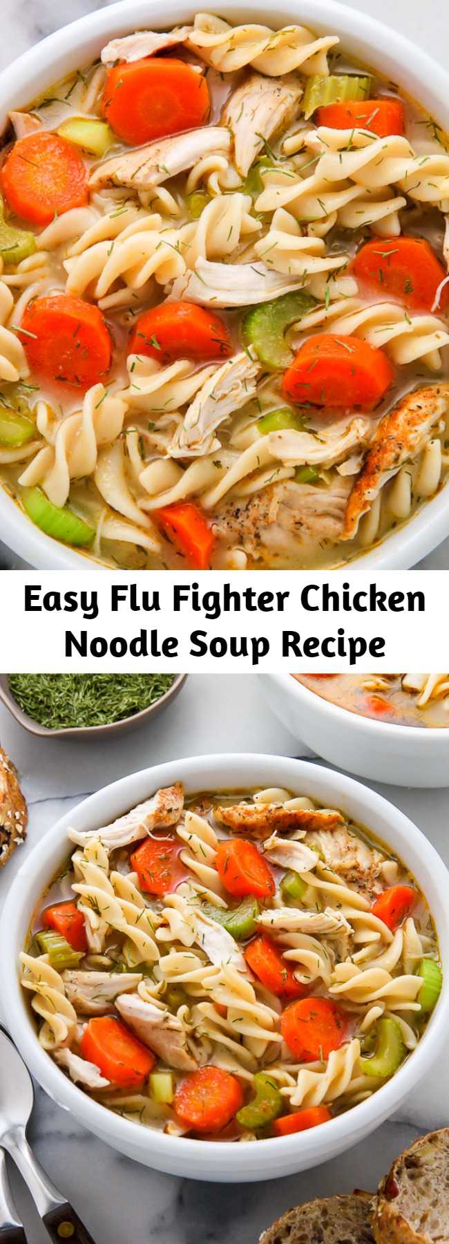 Easy Flu Fighter Chicken Noodle Soup Recipe - Got a cold? Then you need to try this Flu Fighter Chicken Noodle Soup! Flu Fighter Chicken Noodle Soup is the ultimate comfort food when you’re feeling sick! Loaded with tender chicken, carrots, celery, onion, egg noodles, lemon juice, and dill, this soup is so flavorful. Even kids love this healthy recipe!