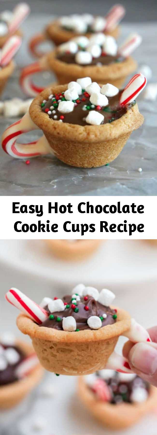 Easy Hot Chocolate Cookie Cups Recipe - These Hot Chocolate Cookie Cups are made with ready to bake sugar cookie dough and pudding cups! So easy to make and they are a super fun holiday dessert and are perfect for Christmas parties, cookie exchanges or just to put a smile on someone’s face!