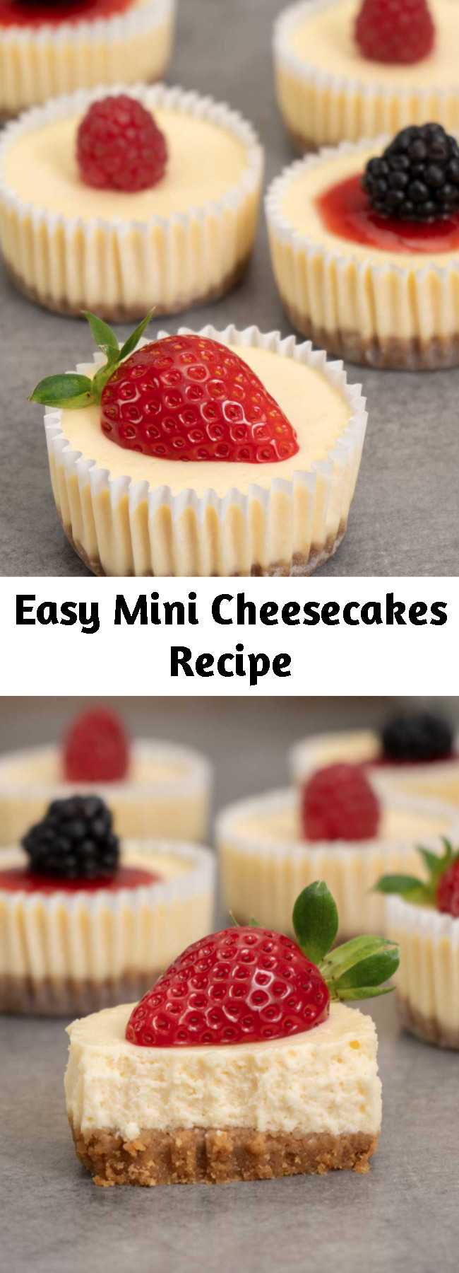 Easy Mini Cheesecakes Recipe - Inspired by Cheesecake Factory, these mini cheesecakes have super creamy texture and taste. They are easy to make and great to take to parties and gatherings. Enjoy them as they are or with your favourite marmalade and berries. Yum!
