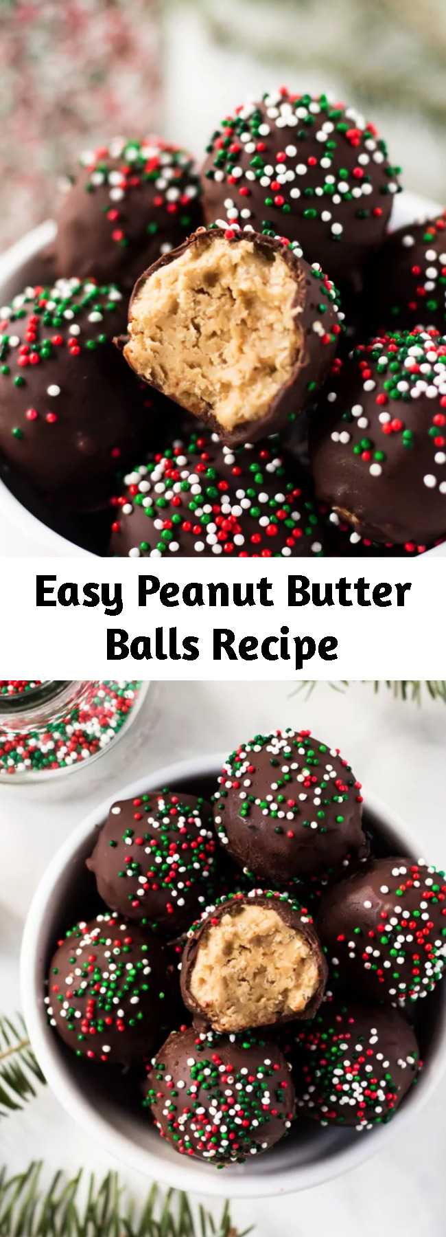 Easy Peanut Butter Balls Recipe - Peanut butter balls are made with creamy peanut butter, rice krispies, confectioners sugar and chocolate. This no-bake recipe requires only four ingredients. It is perfect for Christmas and holiday parties. #nobake #peanutbutterballs #christmas #ricekrispies #peanutbutter