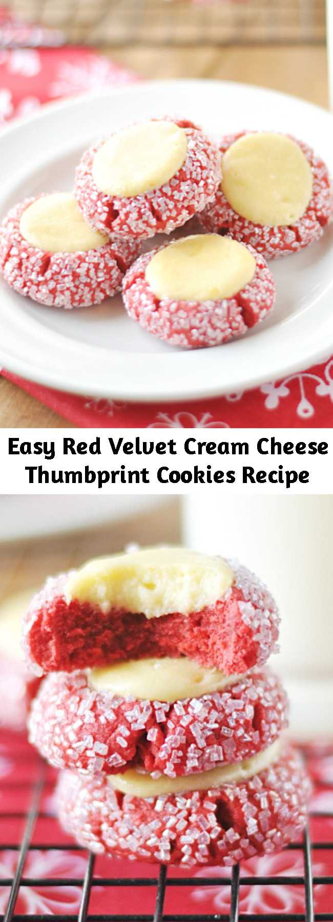 Easy Red Velvet Cream Cheese Thumbprint Cookies Recipe - These Red Velvet Thumbprints are a cookie and cheesecake in one! Perfect for Christmas cookie plates and dangerously delicious.
