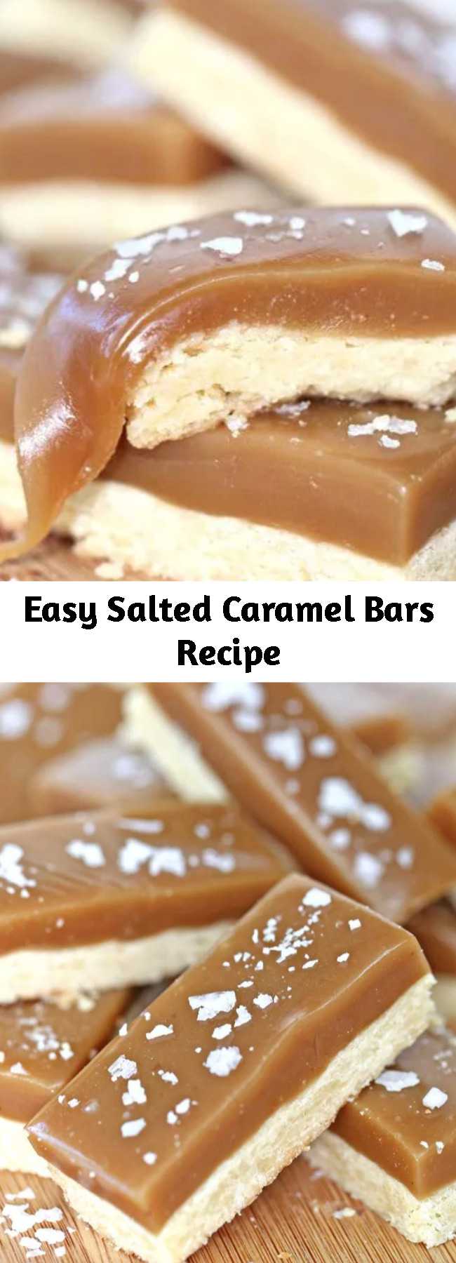 Easy Salted Caramel Bars Recipe - Salted Caramel Bars have a buttery shortbread base and a topping of rich, chewy caramel. A crunchy dusting of flaked sea salt on top is the perfect finishing touch! #saltedcaramel #bars